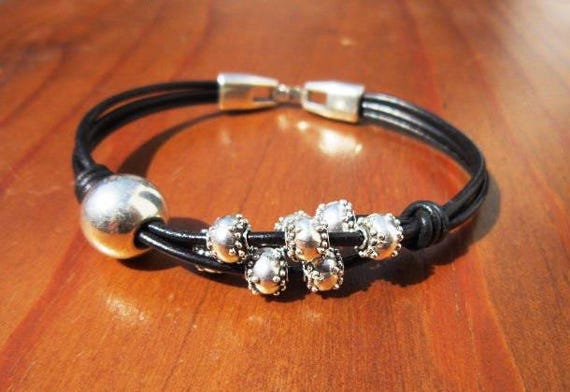 Leather & Silver Charm Beaded Bracelet • Handmade Jewelry Gift for Her • Custom Bracelet Gift • Personalized Jewelry Gifts by Kekugi
