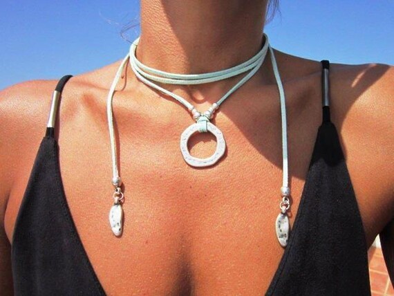 Statement layered silver pendant Necklace made in mint leather • layered beaded necklace • Bohemian Personalized Jewelry