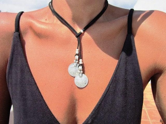 Statement Charm Y Lariat coin Necklace • Silver Beaded Necklaces for Women • Personalized Jewelry Gifts Best selling items • Gift for Her