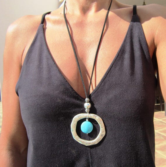 turquoise necklace, long statement pendant necklaces for women, boho jewelry