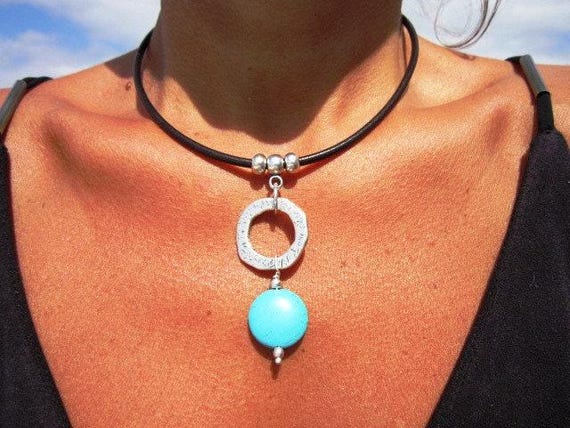 Turquoise Leather Choker Necklace • Silver Necklaces for Women • Bohemian Handmade Turquoise Jewelry • Best selling items by kekugi