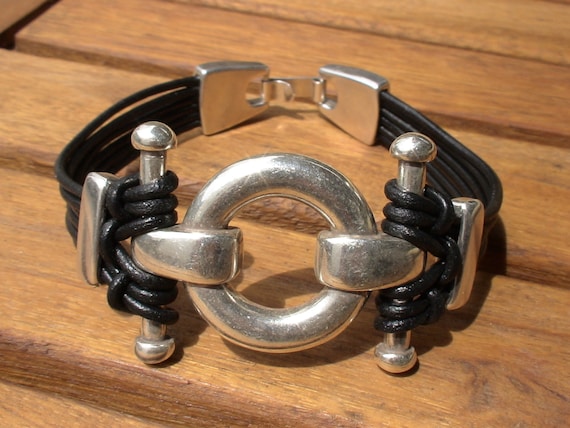 Silver and Leather mens bracelet, friendship couples bracelet, men cuff bracelet, handmade silver mens jewelry, unique gifts for men