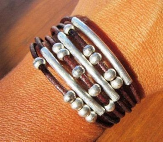 Personalized Leather & Silver Beaded Bracelet Gifts • Handmade Bohemian Jewelry • Birthday Gift or Custom Jewelry Gift for Her by Kekugi