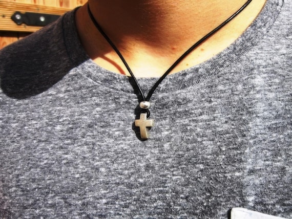 Mens cross Necklace Leather crucifix Pendant Couples Necklace – Handmade Jewelry Gift for Him Personalized Jewelry by Kekugi