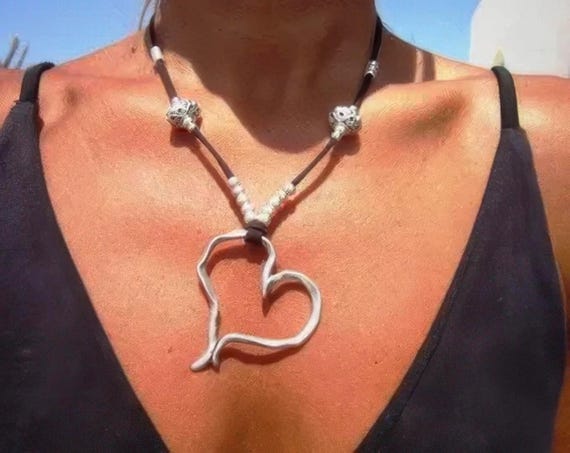 Boho Leather and Silver Beaded Pendant Heart Necklace • Couples Long Statement Chunky Charm Necklace Gift for Her • Bohemian Jewelry