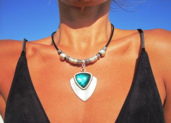 Silver Beaded Necklace featuring a emerald Crystal Charm • Bohemian Personalized Handmade Jewelry • Best selling items Custom Gift for her