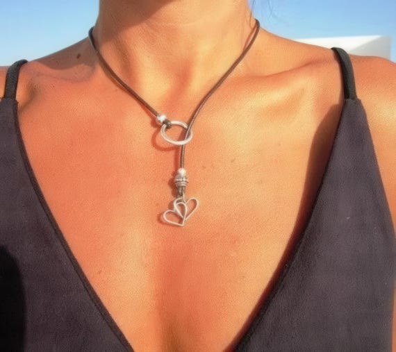 Handmade Couples Heart Necklace • Y lariat Necklace Customized • Personalized Bohemian Jewelry Gift for Her • Birthday Gift for mom or Mama