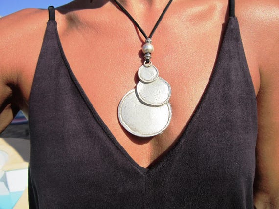 Statement Silver Chunky Pendant leather Necklace • Bohemian Jewelry Best Selling Items • Host Gift for Her • Neotribal Jewelry Gift for Host