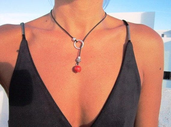 Red Coral Lariat Necklace Y Shape Silver Jewelry Bohemian Statement Piece