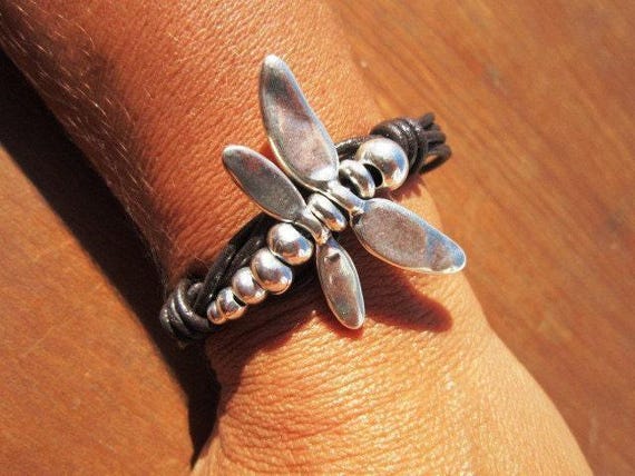Silver & Leather Custom Dragonfly Bracelet Gift for Her • Personalized Handmade Jewelry Gift • Beaded Charm Bracelet Personalized Gifts
