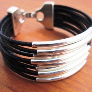 Women's leather bracelet, multi strand Black leather bracelet, custom handmade jewelry for Her