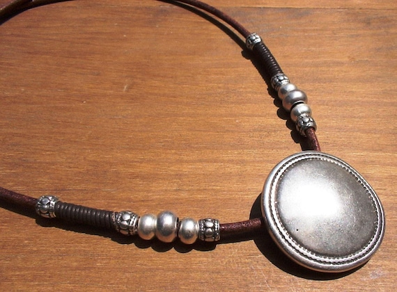 Leather and Silver Beaded Necklace with Boho Charm • Bohemian Handmade jewelry • Necklaces for Women • Personalized Jewelry Gift for Her