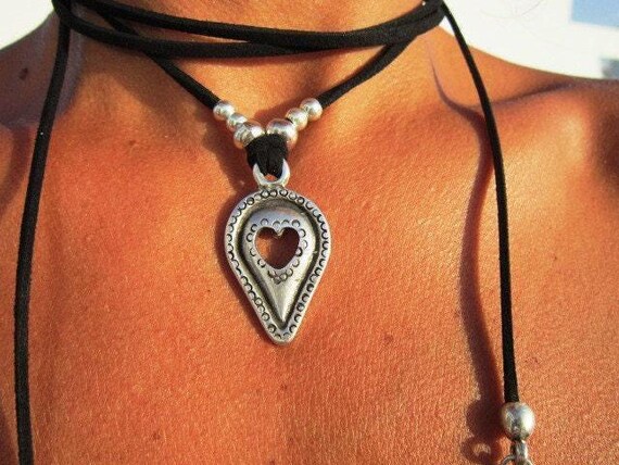 Boho Leather and Silver Beaded Pendant Heart Necklace • Long Statement Chunky Charm Necklace Gift for Her • Bohemian Jewelry Galentine Gift