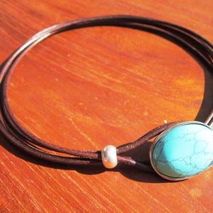 Turquoise Leather Choker Necklace • Silver couples Necklaces for Women • Bohemian Handmade Turquoise Jewelry • Best selling items by kekugi zdjęcie 4