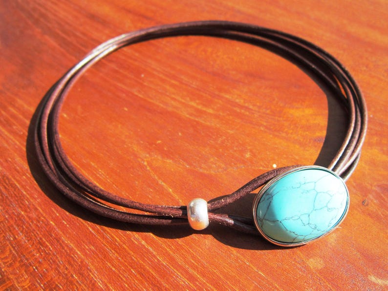 Turquoise Leather Choker Necklace • Silver couples Necklaces for Women • Bohemian Handmade Turquoise Jewelry • Best selling items by kekugi zdjęcie 4