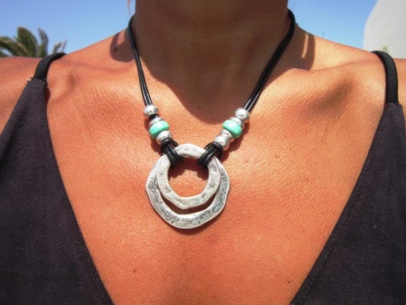 Turquoise Leather Choker Necklace • Silver Couples Necklaces for Women • Bohemian Handmade Turquoise Jewelry • Best selling items by kekugi