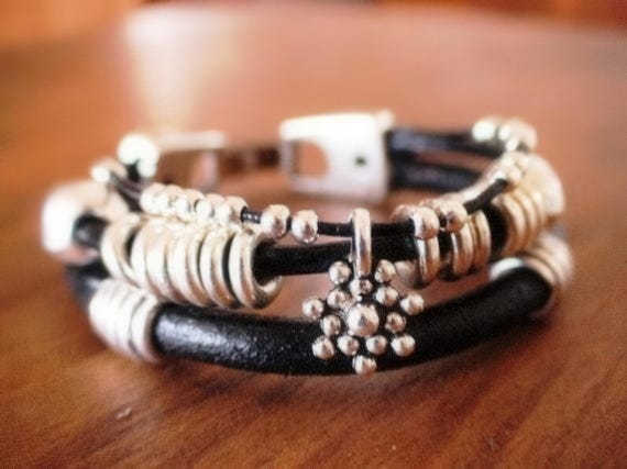 Leather & Silver Charm Beaded Bracelet • Handmade Jewelry Gift for Her • Custom Bracelet Gift • Personalized Jewelry Gifts by Kekugi