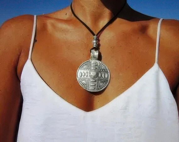 Statement Silver Chunky Pendant leather Necklace • Bohemian Celtic Jewelry Best Selling Items • Gift for Her • Neotribal Jewel