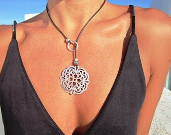mandala pendant y necklace, lariat y shaped necklaces,  silver necklaces for women,  bohemian jewelry