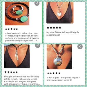 The image is a collage of four photos featuring necklaces and bracelets. The photos show different styles and designs of jewelry, including a necklace with a pendant and a bracelet with a charm. The photos are accompanied by text that describes the jewelry and the user's experience with it.