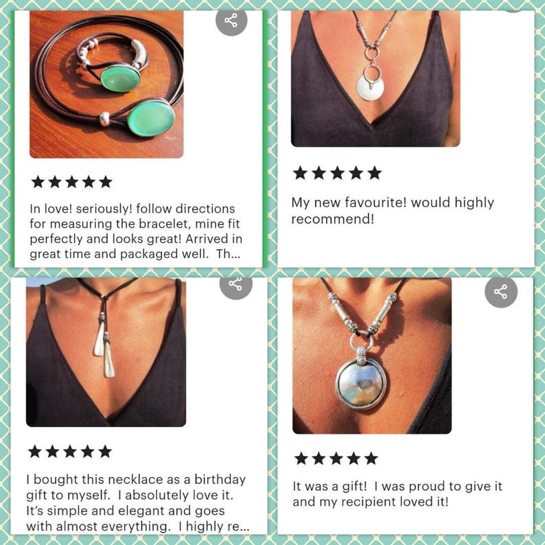 The image is a collage of four photos featuring necklaces and bracelets. The photos show different styles and designs of jewelry, including a necklace with a pendant and a bracelet with a charm. The photos are accompanied by text that describes the jewelry and the user's experience with it.