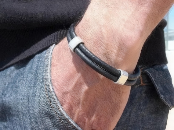 Personalized Leather & Silver Beaded Bracelet Gifts for Men • Handmade Mens Jewelry • Birthday Gift or Custom Jewelry Gift for Him by Kekugi