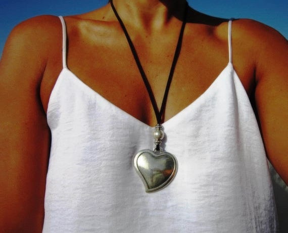 Boho Leather and Silver Beaded Pendant Heart Necklace • Couples Long Statement Chunky Charm Necklace Gift for Her • Bohemian Jewelry