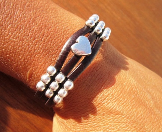 Women heart  leather bracelet, genuine Dark brown leather bracelet, beaded bracelet, leather jewelry trend