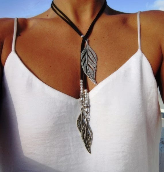 Handmade Couples feather Necklace • Y lariat Necklace Customized • Personalized Bohemian Jewelry Gift for Her • Birthday Gift for mom