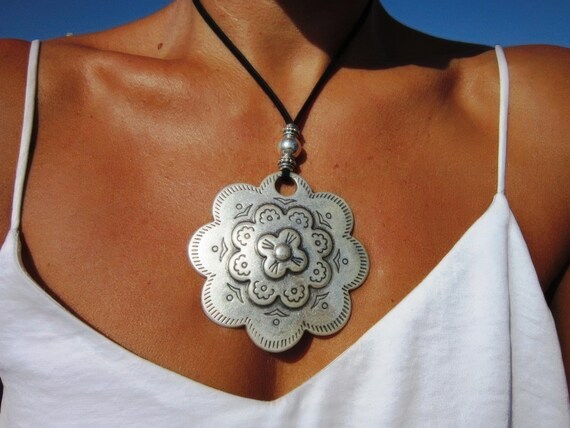 Custom Statement Silver Beaded Necklace with Daisy Pendant Charm • Personalized Jewelry Gift for Her