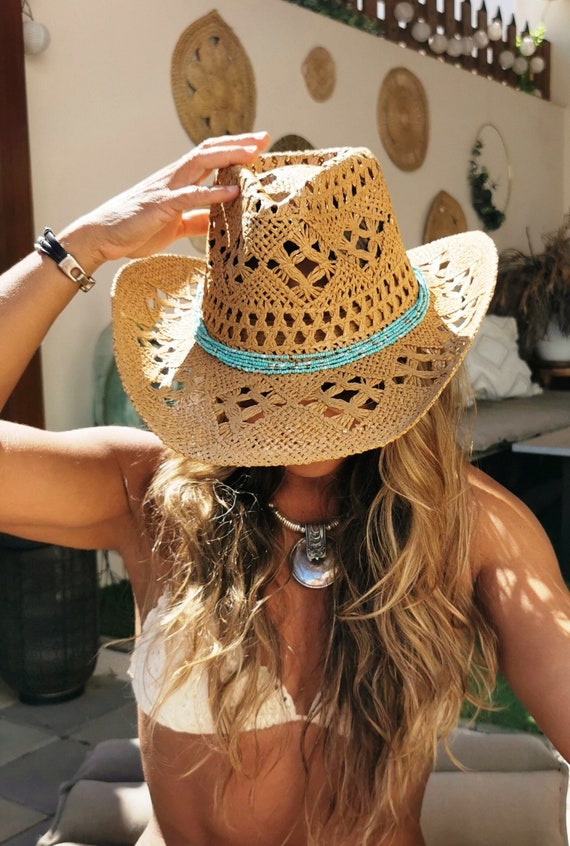 Handmade Straw Turquoise Beaded Sun Hats, Boho Cowboy Hats for