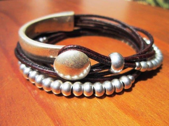 Leather & Silver Charm Beaded Bracelet • Handmade Jewelry Gift for Her • Custom Bracelet Gift • Personalized Jewelry Gifts by Kekugi