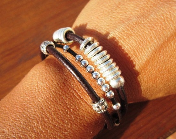 Women leather bracelet, genuine Brown leather bracelet, beaded bracelet, leather jewelry trend