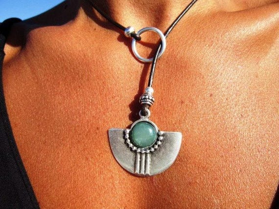 womens circle Y necklace, simple silver emerald lariat necklace, personalized gift, bohemian jewelry