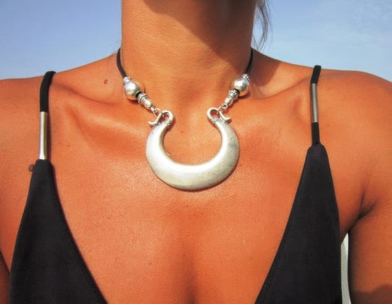 Chunky Silver Beaded Necklace with crescent moon Charm • Bohemian Handmade jewelry • Necklaces for Women • Personalized Jewelry Gift for Her
