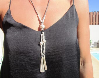 Boho Leather and Silver Beaded Pendant Necklace • Long Statement Chunky Charm Necklace Gift for Her • Bohemian Jewelry by kekugi