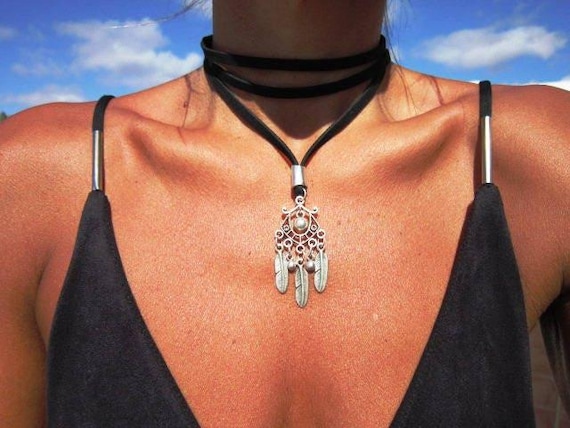 wrap leather choker necklace, beaded choker necklace with charms, bohemian jewelry, bohemian necklaces