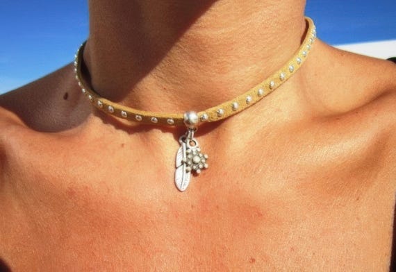 Silver Beaded leather choker Necklaces for Women with charm  • Handmade jewelry gift for her