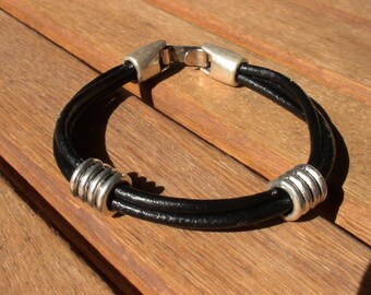 Silver and Leather mens bracelet, friendship couples bracelet, men cuff bracelet, handmade silver mens jewelry, unique gifts for men