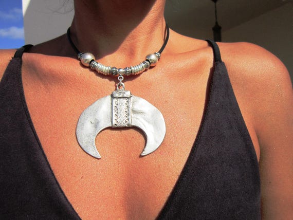 Custom Statement Silver Beaded Necklace with crescent moon Pendant Charm • Custom Personalized Jewelry • Best Selling Items Gift for Her