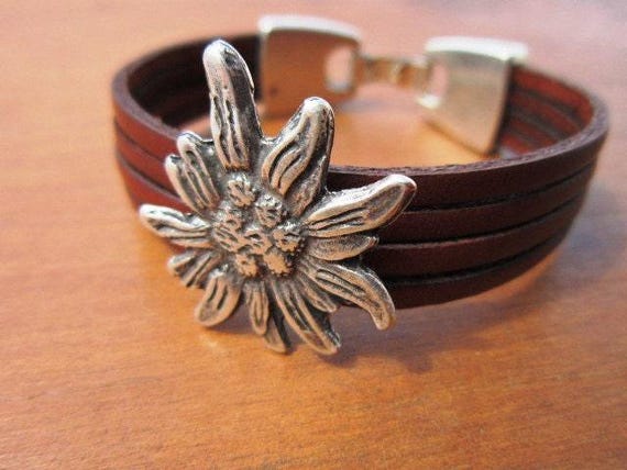 Custom edelweiss silver beaded Bracelet • Handmade Leather Jewelry gift • Personalized custom Gift for Her personalized jewelry by kekugi