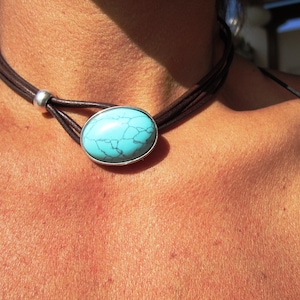 Turquoise Leather Choker Necklace • Silver couples Necklaces for Women • Bohemian Handmade Turquoise Jewelry • Best selling items by kekugi zdjęcie 3