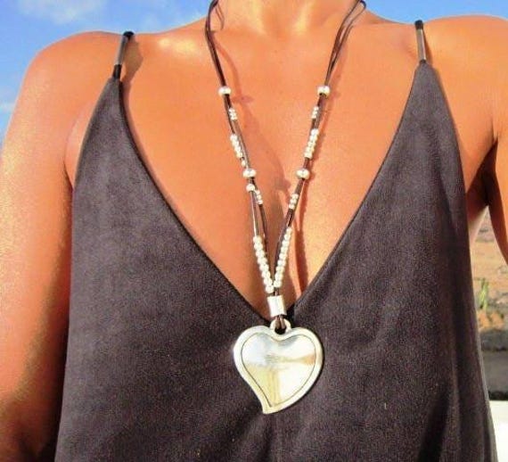 Custom Statement Silver Beaded Necklace with Heart Pendant Charm Couples necklace • Best selling items Personalized Jewelry • Gift for Her
