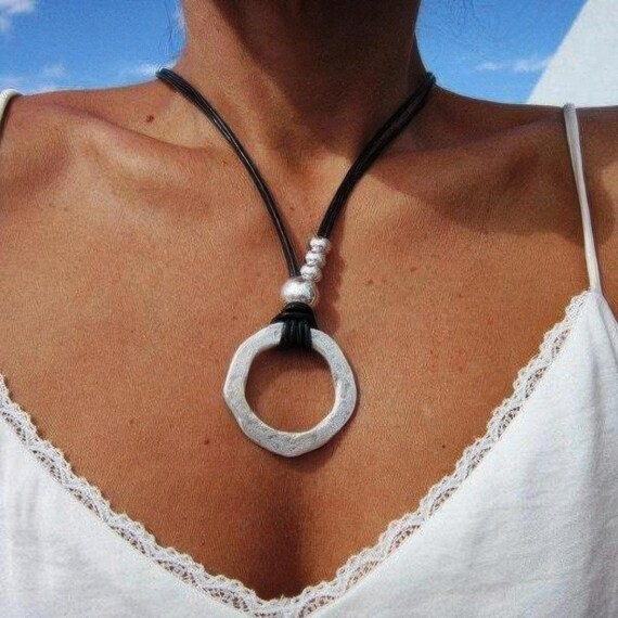 Boho Leather and Silver Beaded Pendant Ring Necklace • Long Statement Chunky Charm Necklace Gift for Her • Bohemian Jewelry by Kekugi