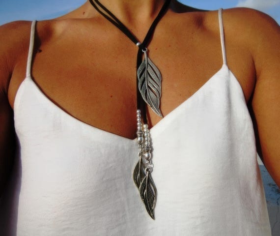 Boho feather necklace • Statement Charm Y Lariat Necklace • Silver Beaded Necklaces for Women • Personalized Bohemian Jewelry Gifts
