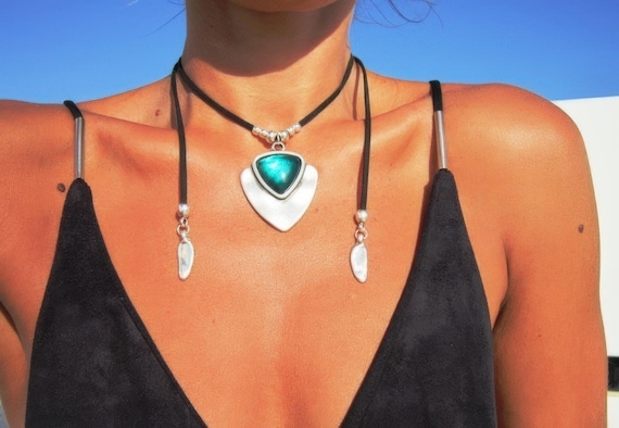 Chunky Charm Emerald Necklace Silver Beaded for layering • Personalized handmade Jewelry • Best selling items