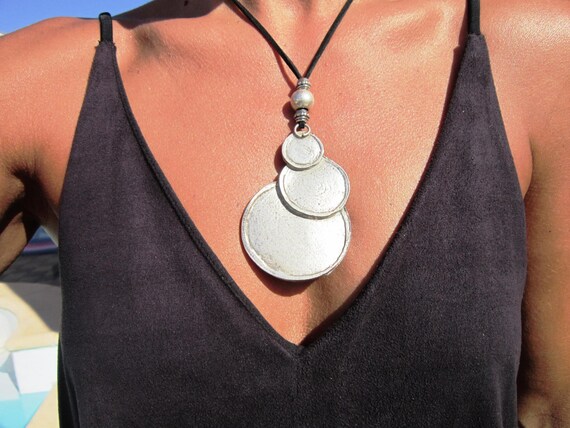 long statement silver pendant necklace, bohemian jewelry