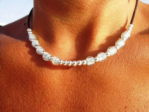 Silver Beaded leather choker Necklace • Best Selling items on Handmade jewelry • Necklaces for Women • Personalized Jewelry Gift for Her