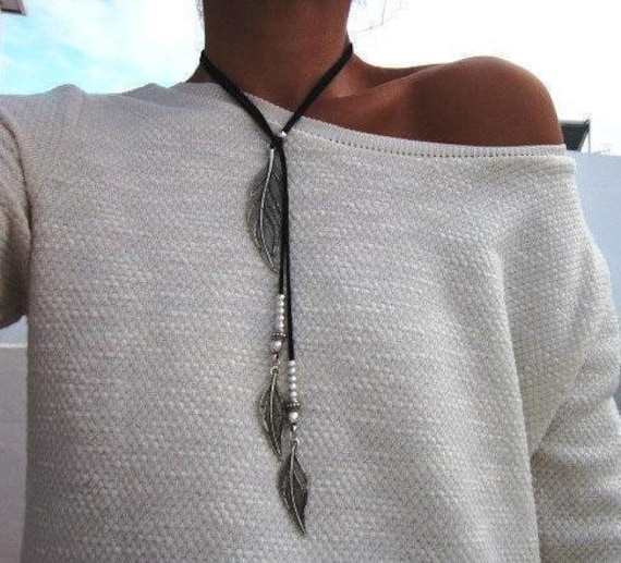 Boho feather necklace • Statement Charm Y Lariat Necklace • Silver Beaded Necklaces for Women • Personalized Bohemian Jewelry Gifts