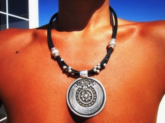 Custom Statement Silver Beaded Necklace with Chunky Boho Pendant Charm • Custom Personalized Jewelry •  Best Selling Items Gift for Her